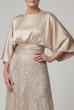 Sparkly Boat Neck A Line Champagne Beaded Long Mother of the Bride Dress