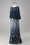 Sparkly Mermaid Long Floral Navy Sequin Mother of the Bride Dress