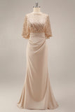 Sparkly Sequin Champagne Long Mermaid Mother of the Bride Dress with Pockets