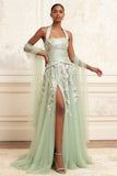 Dusty Sage A-Line Halter Neck Tulle Floral Embroidered Long Prom Dress with Slit