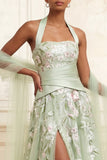 Dusty Sage A-Line Halter Neck Tulle Floral Embroidered Long Prom Dress with Slit