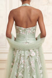 Dusty Sage A-Line Halter Neck Tulle Floral Embroidered Long Prom Dress with Slit