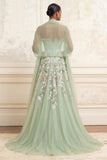 Strapless Dusty Sage A-Line Sequins Tulle Embroidered Long Prom Dress with Slit