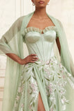 Strapless Dusty Sage A-Line Sequins Tulle Embroidered Long Prom Dress with Slit