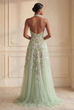 Dusty Sage Halter Sequins A Line Embroidered Tulle Long Prom Dress with Slit