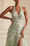 Dusty Sage Halter Sequins A Line Embroidered Tulle Long Prom Dress with Slit