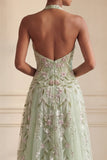 Dusty Sage Halter Sequins A Line Embroidered Tulle Long Prom Dress with Slit