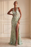 Halter Dusty Sage Sheer Corset Sheath Embroidered Long Prom Dress with Slit