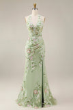 Dusty Sage Halter Sheer Corset Sheath Embroidered Long Prom Dress with Slit