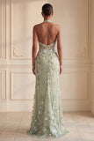 Halter Dusty Sage Sheer Corset Sheath Embroidered Long Prom Dress with Slit