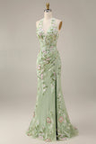 Halter Dusty Sage Sheer Corset Sheath Embroidered Long Prom Dress with Slit