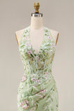 Halter Dusty Sage Sheer Corset Sheath Embroidered Long Prom Dress with Slit