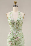Dusty Sage Halter Sheer Corset Sheath Embroidered Long Prom Dress with Slit