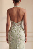 Halter Dusty Sage Sheer Corset Sheath Embroidered Long Prom Dress with Slit