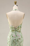 Dusty Sage Halter Sheer Corset Sheath Embroidered Long Prom Dress with Slit