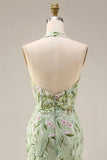 Halter Dusty Sage Sheer Corset Sheath Embroidered Long Prom Dress with Slit