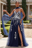 Glitter Navy A Line Sweetheart Side Slit Long Tulle Prom Dress with a Neck Scarf
