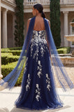 Glitter Navy A Line Sweetheart Side Slit Long Tulle Prom Dress with a Neck Scarf