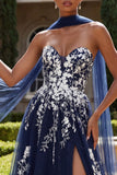Glitter Navy A Line Sweetheart Side Slit Long Tulle Prom Dress with a Neck Scarf