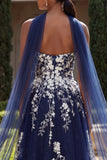 Glitter Navy A Line Sweetheart Side Slit Long Tulle Prom Dress with a Neck Scarf