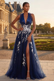 Navy Halter Embroidered Tulle A Line Long Prom Dress with Slit