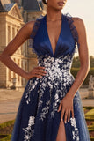Navy Halter Embroidered Tulle A Line Long Prom Dress with Slit
