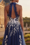 Navy Halter Embroidered Tulle A Line Long Prom Dress with Slit