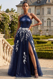 Halter Navy A Line Open Back Floral Long Prom Dress with Slit