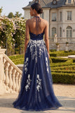 Halter Navy A Line Open Back Floral Long Prom Dress with Slit