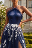 Halter Navy A Line Open Back Floral Long Prom Dress with Slit