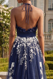 Halter Navy A Line Open Back Floral Long Prom Dress with Slit