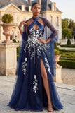 Glitter Navy Halter Floral A Line Side Slit Long Prom Dress with Wrap
