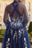 Glitter Navy Halter Floral A Line Side Slit Long Prom Dress with Wrap
