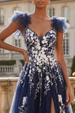 Navy Floral A Line V-Neck Ruffle Sleeves Tulle Long Prom Dress with Slit