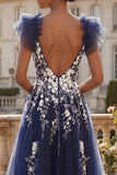 Navy Floral A Line V-Neck Ruffle Sleeves Tulle Long Prom Dress with Slit