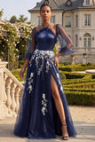 Navy Halter A Line Embroidered 3/4 Sleeves Long Tulle Prom Dress with Slit