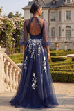 Navy Halter A Line Embroidered 3/4 Sleeves Long Tulle Prom Dress with Slit