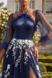 Navy Halter A Line Embroidered 3/4 Sleeves Long Tulle Prom Dress with Slit