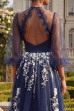 Navy Halter A Line Embroidered 3/4 Sleeves Long Tulle Prom Dress with Slit