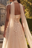 Strapless Blush Corset A Line 3D Flowers Long Tulle Prom Dress with a Neck Scarf
