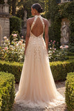 Halter Blush A Line Corset 3D Flowers Tulle Long Prom Dress with Slit