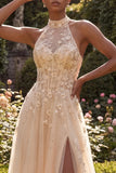 Halter Blush A Line Corset 3D Flowers Tulle Long Prom Dress with Slit