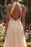 Halter Blush A Line Corset 3D Flowers Tulle Long Prom Dress with Slit