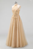 Halter Blush A Line Corset 3D Flowers Tulle Long Prom Dress with Slit