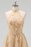 Halter Blush A Line Corset 3D Flowers Tulle Long Prom Dress with Slit