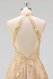 Halter Blush A Line Corset 3D Flowers Tulle Long Prom Dress with Slit