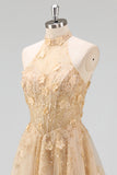 Halter Blush A Line Corset 3D Flowers Tulle Long Prom Dress with Slit