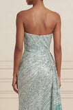 Sparkly Blue Strapless Sheath Sequins Long Prom Dress with Slit