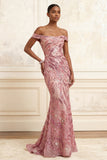 Sparkly Off the Shoulder Pink Mermaid Sequins Long Prom Dress