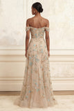Off the Shoulder Champagne A-Line Corset Appliqued Long Prom Dress